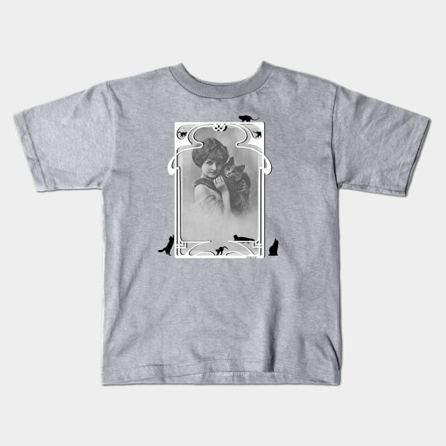 Vintage Design "Young Lady with her Cat" Kids T-Shirt by scatharis